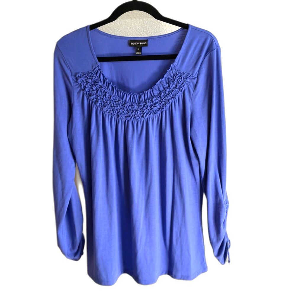 Fashion Bug Women's Blue Ruched Scoop Neck Long Sleeve Top Size Large